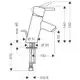 Hansgrohe Einhebel-Waschtischmischer mit einem seitlichen Hebel und integrierter Zugstangen-Ablaufgarnitur, skizzierte Maße und Anschlussdetails.